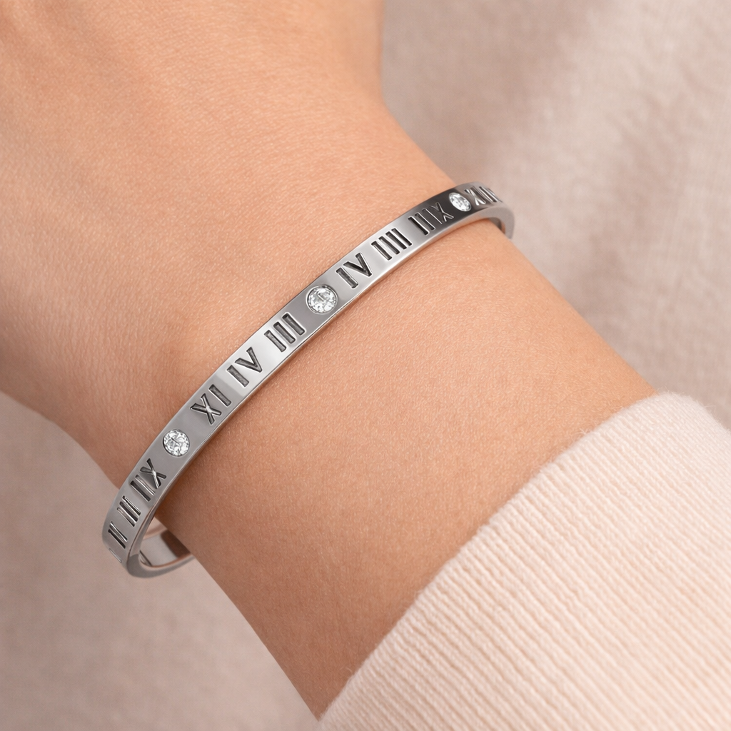 Silver Polished bangle with Roman numerals and Diamonds