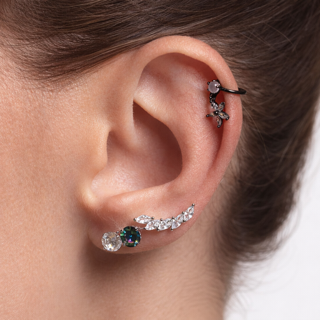 Silver Tone Cluster Stud Earrings with Marquise and Round Cut Clear Stones – For Women