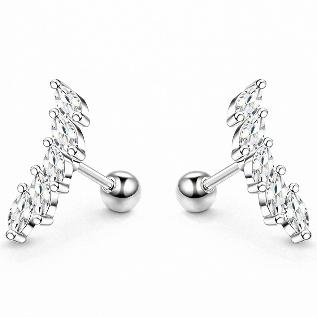 Silver Tone Cluster Stud Earrings with Marquise and Round Cut Clear Stones – For Women