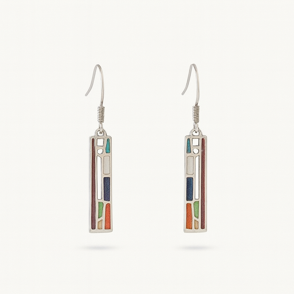 Colorful geometric dangle earrings with silver hooks, featuring rectangular shapes in blue, green, orange, and red. Modern jewelry design.