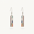 Colorful geometric dangle earrings with silver hooks, featuring rectangular shapes in blue, green, orange, and red. Modern jewelry design.