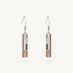 Colorful geometric dangle earrings with silver hooks, featuring rectangular shapes in blue, green, orange, and red. Modern jewelry design.