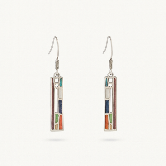 Colorful geometric dangle earrings with silver hooks, featuring rectangular shapes in blue, green, orange, and red. Modern jewelry design.