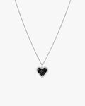 Heart-shaped black gemstone pendant necklace with diamond accents on a silver chain, elegant jewelry piece, perfect for special occasions.