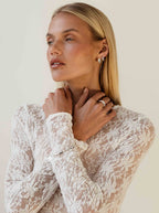 Woman in white lace dress, looking sideways, wearing silver earrings and rings. Fashion portrait, elegant style, minimalist background.