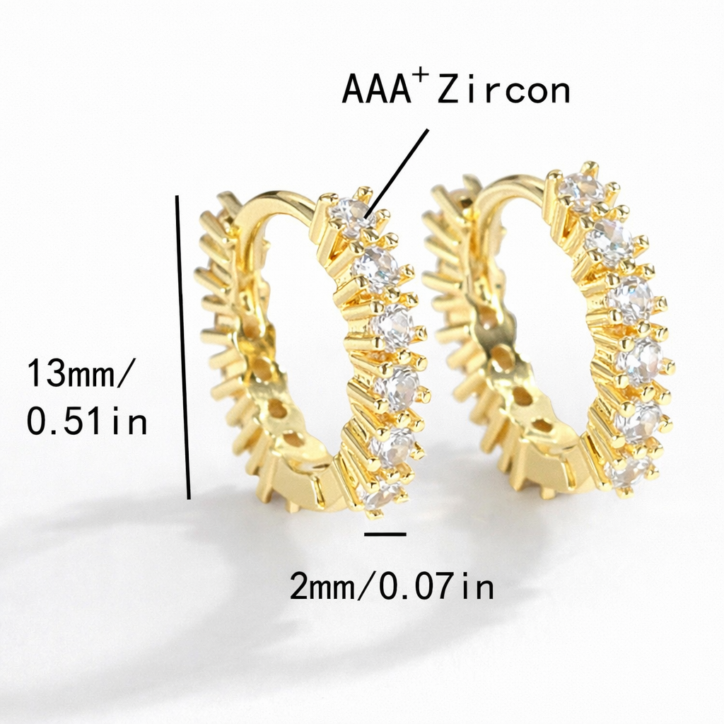 Gold hoop earrings with zircon stones, showing measurements and material details.
