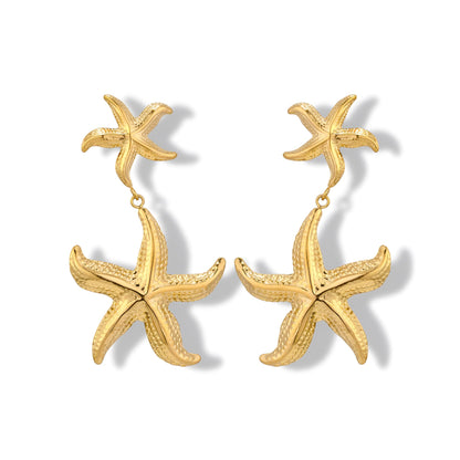Gold Plated Starfish Drop Earrings – Textured Sea Inspired Statement Earrings for Women