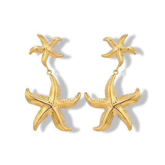 Gold Plated Starfish Drop Earrings – Textured Sea Inspired Statement Earrings for Women