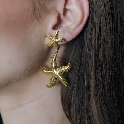 Gold Plated Starfish Drop Earrings – Textured Sea Inspired Statement Earrings for Women