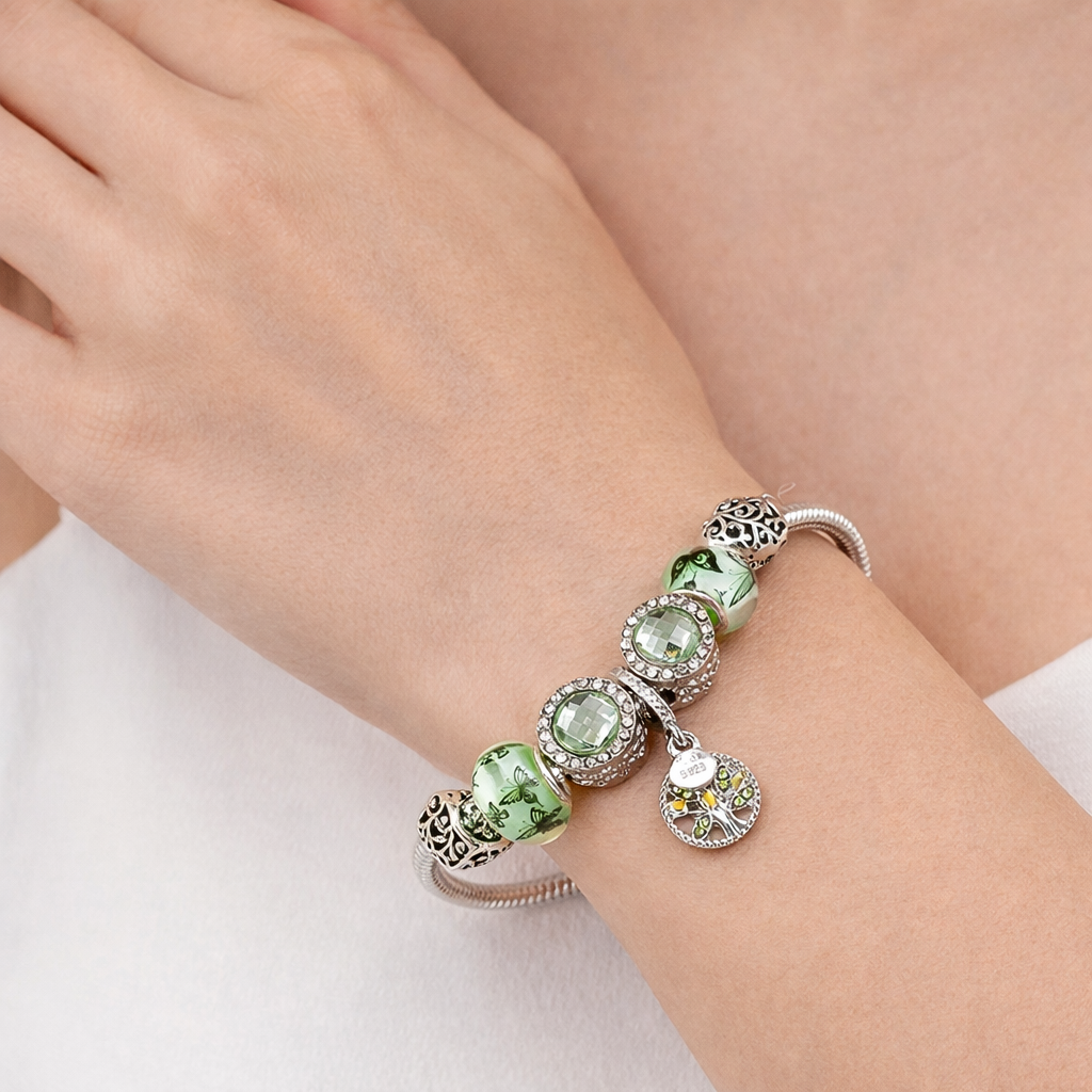 Sterling Silver Bracelet with Green Beads and Tree Charm