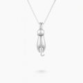 Silver cat pendant necklace on a delicate chain, minimalist feline jewelry design, perfect for cat lovers and fashion enthusiasts.