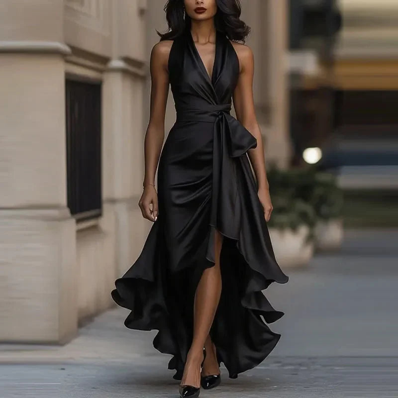 Satin Evening Dress – Elegant Off-Shoulder V-Neck Formal Gown