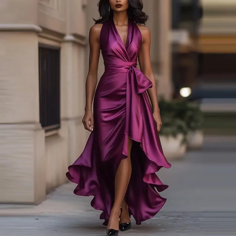 Satin Evening Dress – Elegant Off-Shoulder V-Neck Formal Gown