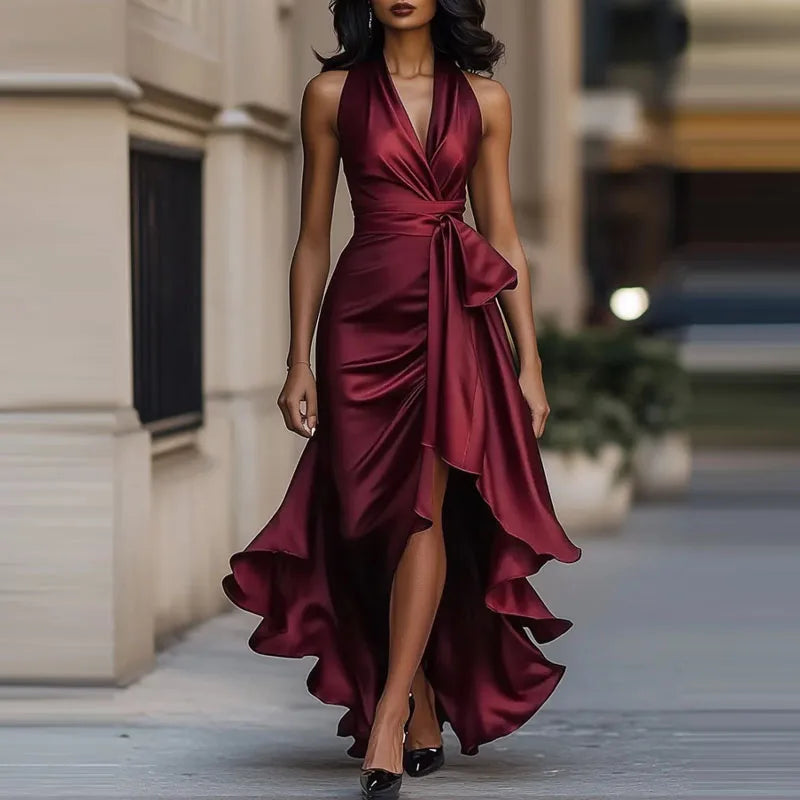 Satin Evening Dress – Elegant Off-Shoulder V-Neck Formal Gown