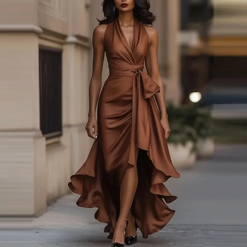 Satin Evening Dress – Elegant Off-Shoulder V-Neck Formal Gown