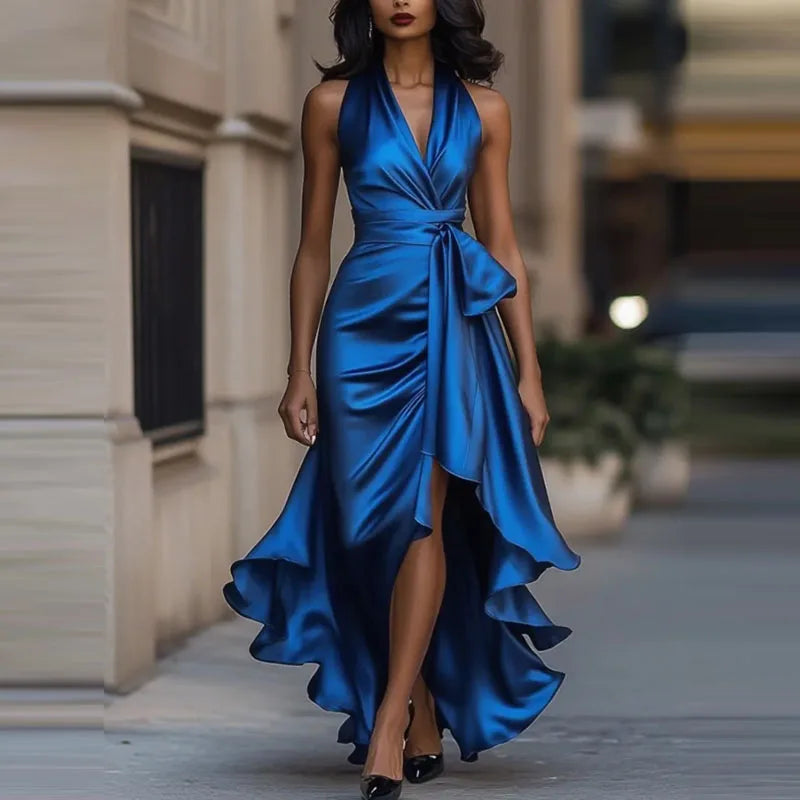Satin Evening Dress – Elegant Off-Shoulder V-Neck Formal Gown