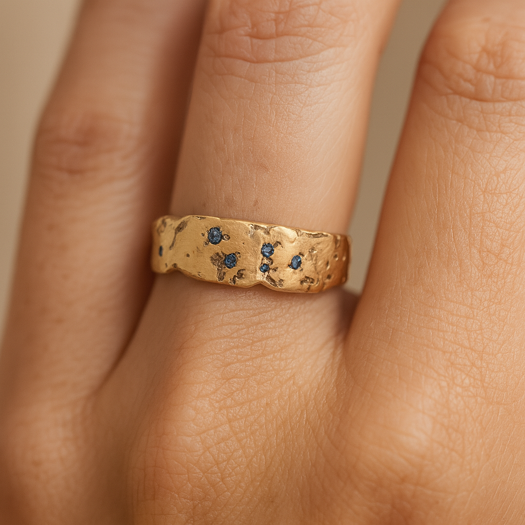 Gold ring with blue stones on a finger against a neutral background