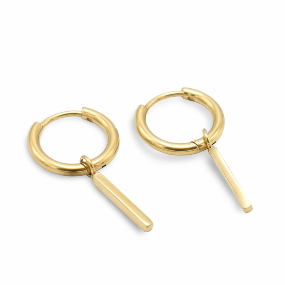 Gold Plated Bar Drop Hoop Earrings – Minimalist Small Dangle Earrings for Women