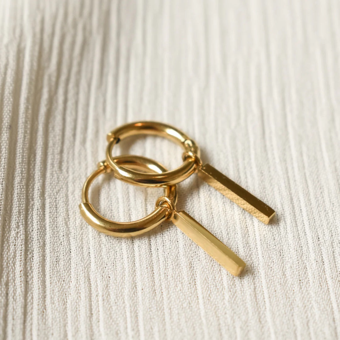 Gold Plated Bar Drop Hoop Earrings – Minimalist Small Dangle Earrings for Women