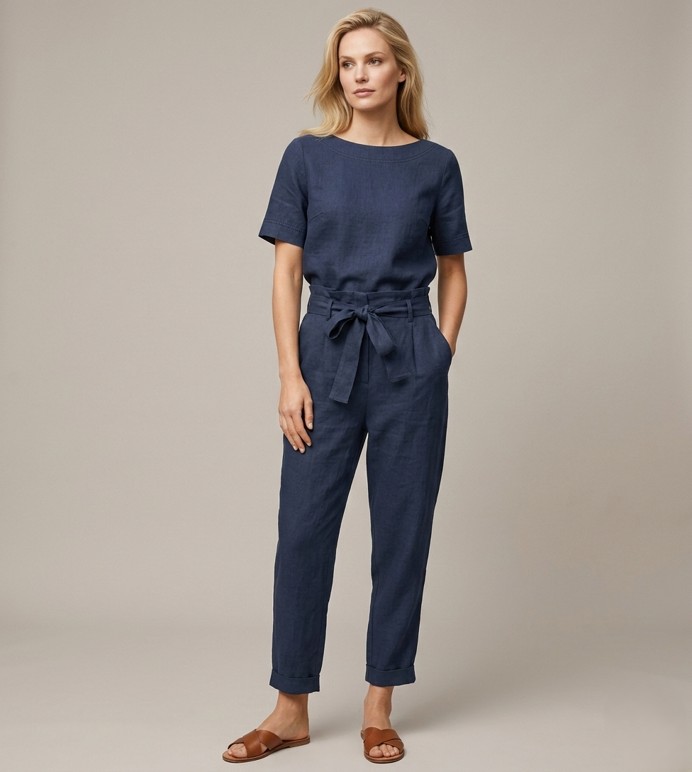 Woman wearing a navy blue jumpsuit on a beige background