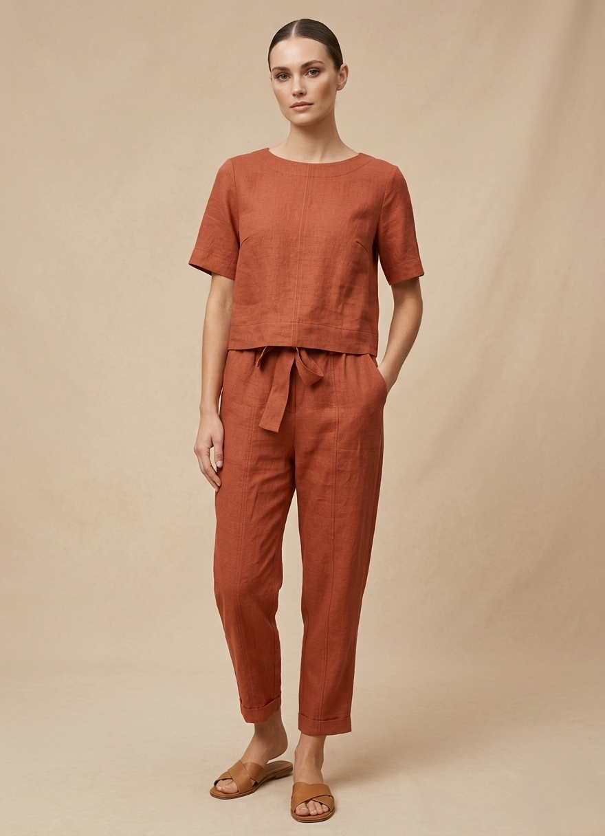 Woman wearing a rust-colored outfit against a beige background