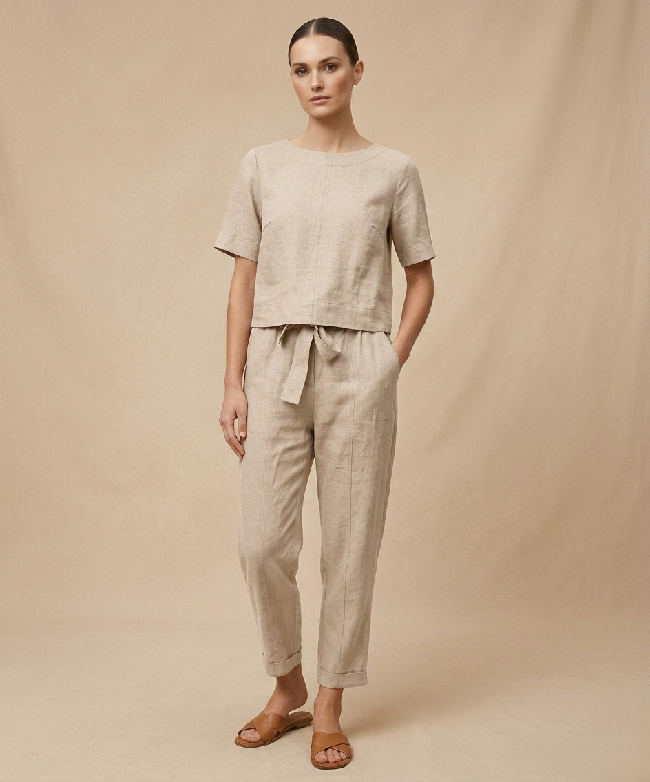 Woman wearing a beige top and pants against a beige background