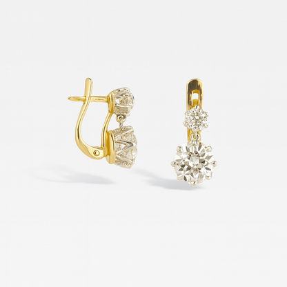 Gold drop earrings with sparkling round diamonds, featuring a secure latch back closure. Elegant jewelry piece for weddings or special occasions.
