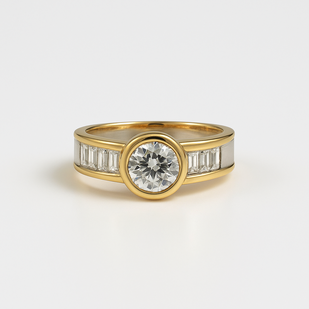 Gold ring with a diamond and baguette-cut gemstones on a light gray background