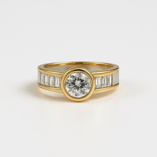 Gold ring with a diamond and baguette-cut gemstones on a light gray background