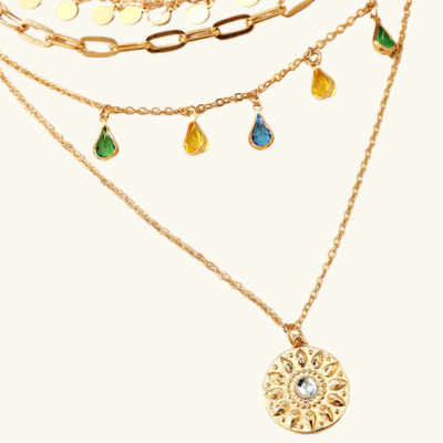 Gold layered necklace with colorful teardrop charms and a round pendant featuring a central gemstone. Fashion jewelry, elegant accessory.