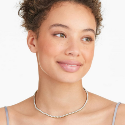 Gold-Tone Tennis Necklace with Round Clear Stones