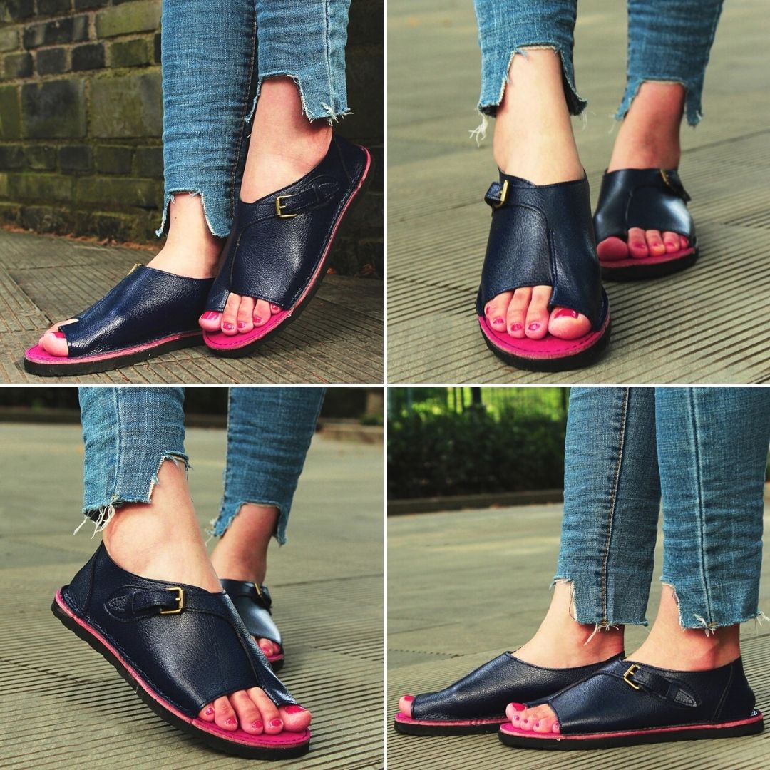 Flat open Toe Leather Sandals with Buckles Adjustment for Woman