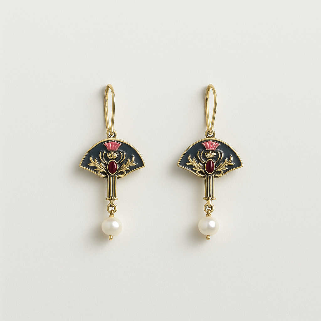 Pair of gold earrings with black fans, red centers, and pearl drops on a light gray background