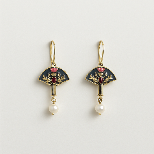 Pair of gold earrings with black fans, red centers, and pearl drops on a light gray background