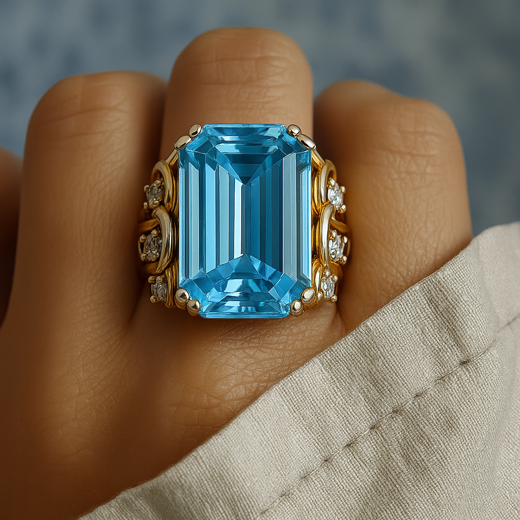 Gold ring with a large blue gemstone on a hand