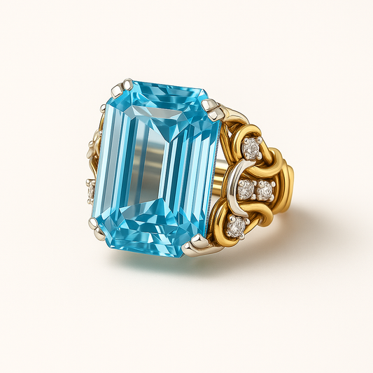 Gold ring with a large blue gemstone and smaller diamonds on a white background