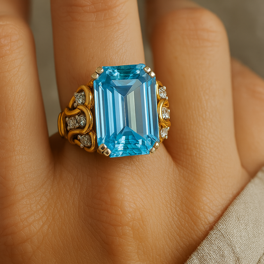 Gold ring with a large blue gemstone on a person's finger