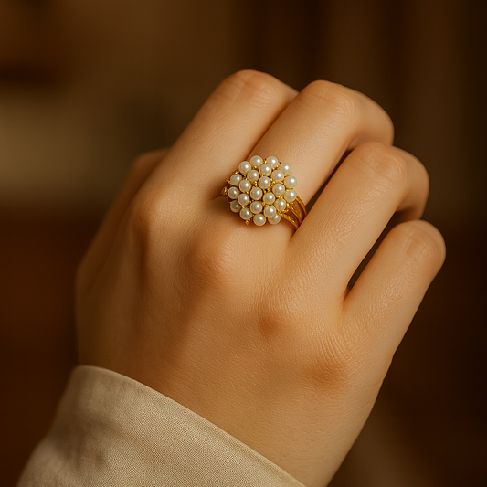 Hand wearing a gold ring with pearls against a blurred background