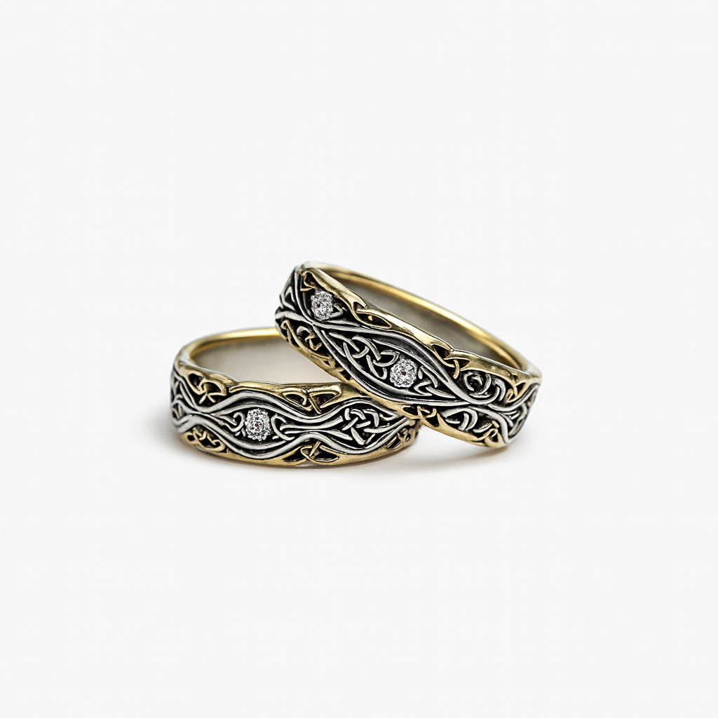 Two intricately designed rings on a white background