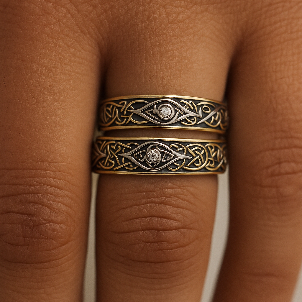 Close-up of a hand wearing two ornate gold and silver rings with intricate designs.