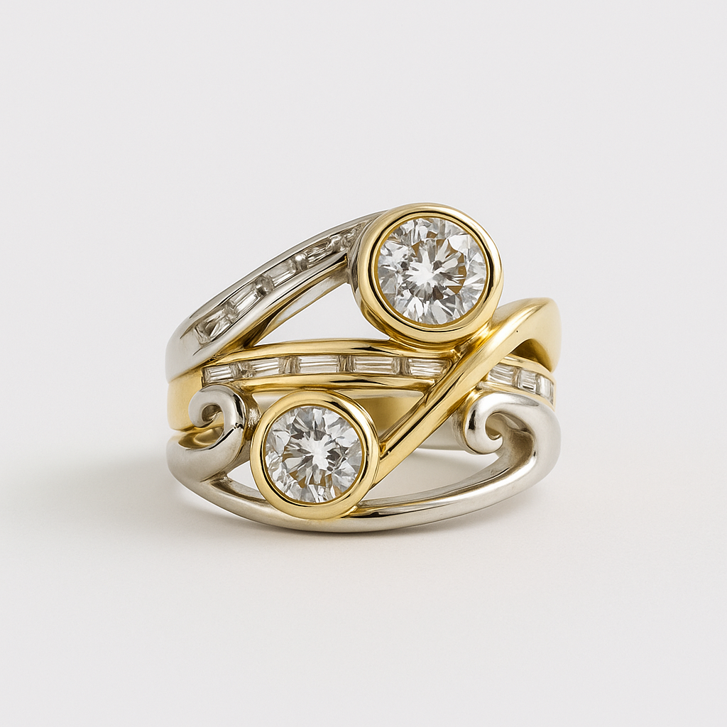 Gold and silver ring with two diamond stones on a light gray background