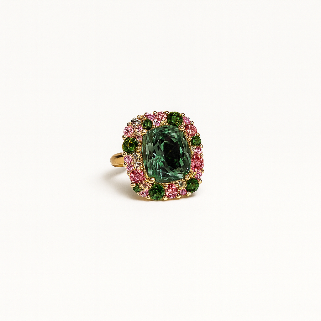 Ring with a green gemstone and pink accents on a white background