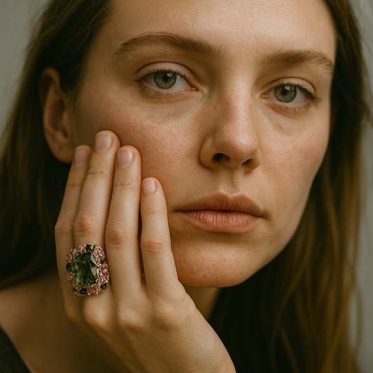 Close-up of a woman's face with a decorative ring on her finger.