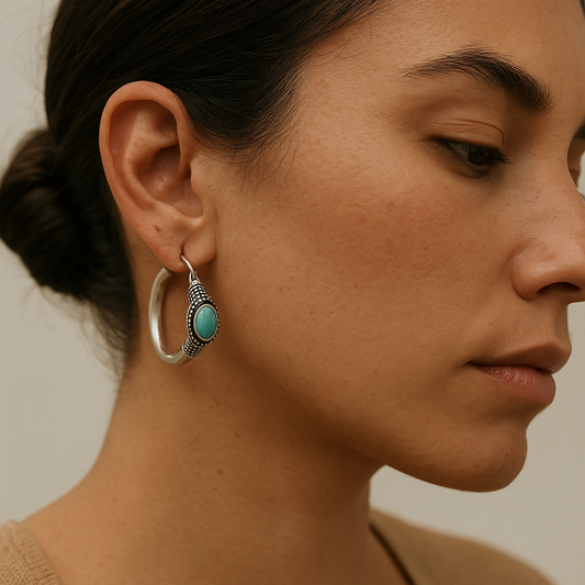 Close-up of a woman wearing a silver hoop earring with a turquoise stone against a neutral background