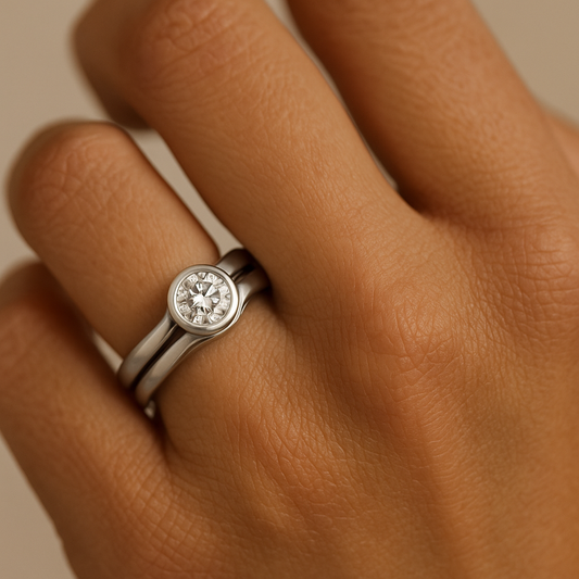 Silver ring with a diamond on a person's finger against a neutral background