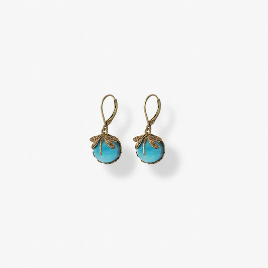 Vintage-style turquoise drop earrings with intricate gold detailing, featuring leverback clasps. Elegant jewelry accessory for women.