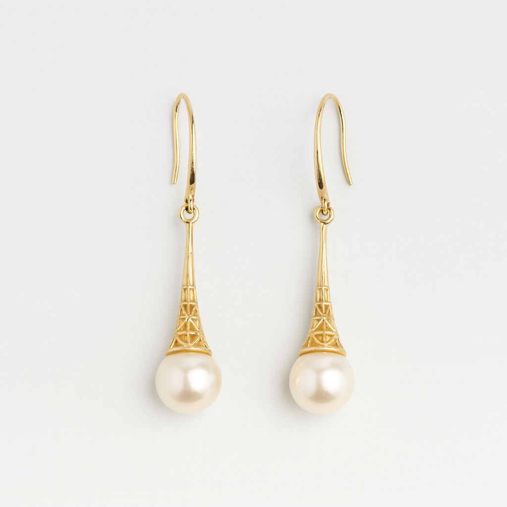 Gold earrings with pearl drops on a light gray background