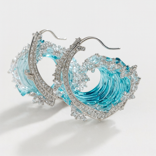 Elegant wave-shaped earrings with sparkling blue and silver design, featuring intricate crystal detailing. Perfect for luxury fashion and jewelry enthusiasts.