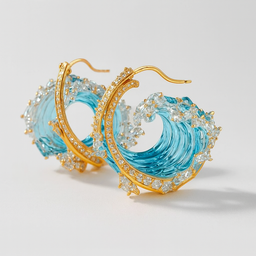 Gold earrings with intricate wave design, featuring blue gemstones and sparkling diamonds, showcasing luxury jewelry craftsmanship and ocean-inspired elegance.