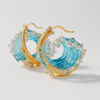Gold earrings with intricate wave design, featuring blue gemstones and sparkling diamonds, showcasing luxury jewelry craftsmanship and ocean-inspired elegance.